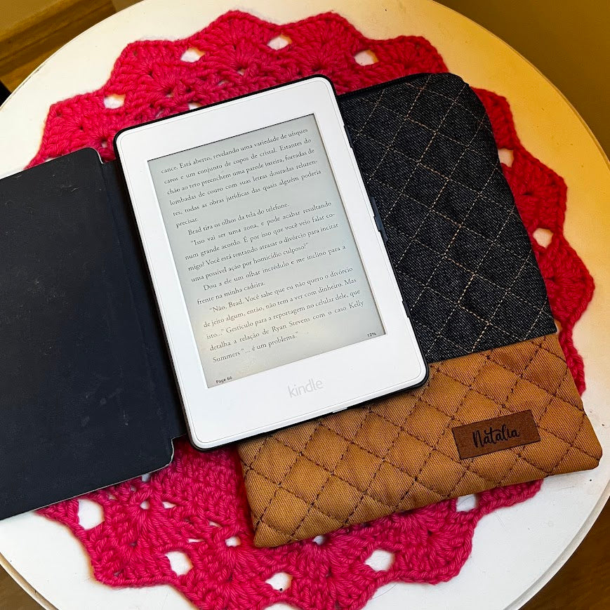 Quilted Denim & Tan Handmade Natalia Kindle Sleeve