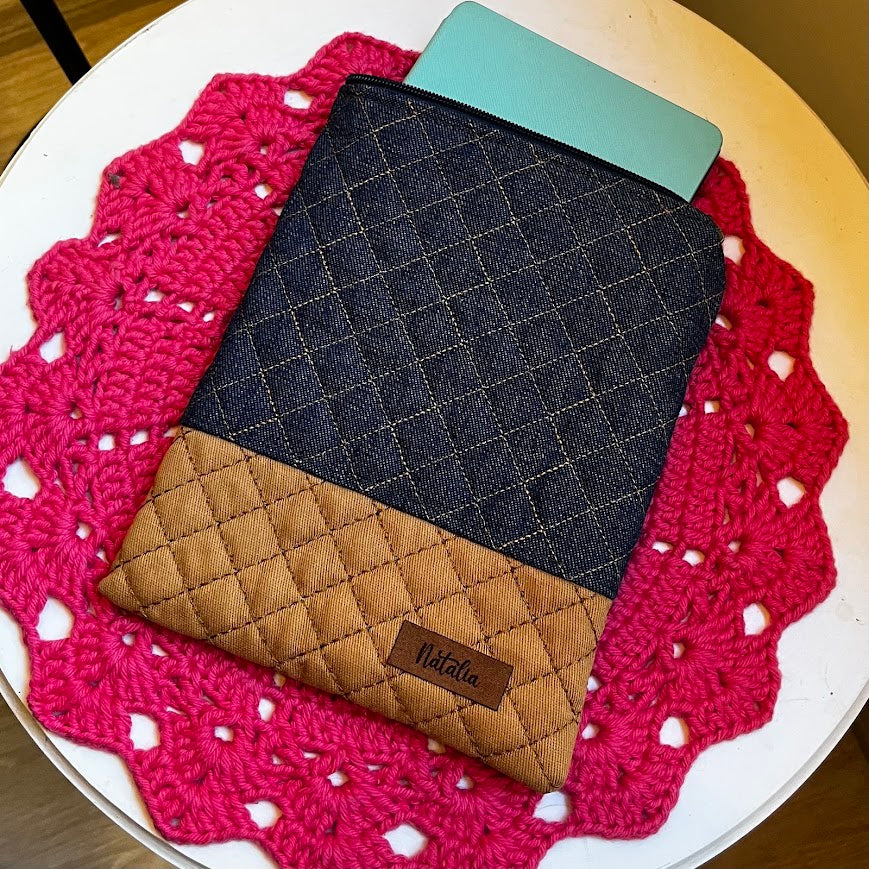 Quilted Denim & Tan Handmade Natalia Kindle Sleeve